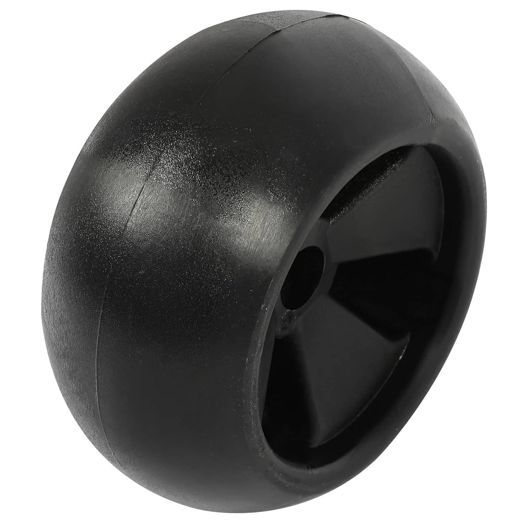 Black deck wheel side view with smooth tire tread and center hub hole