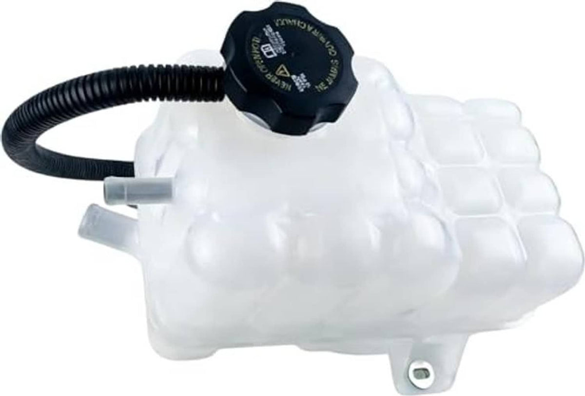 Engine coolant expansion reservoir tank with black cap, sensor, and black hose