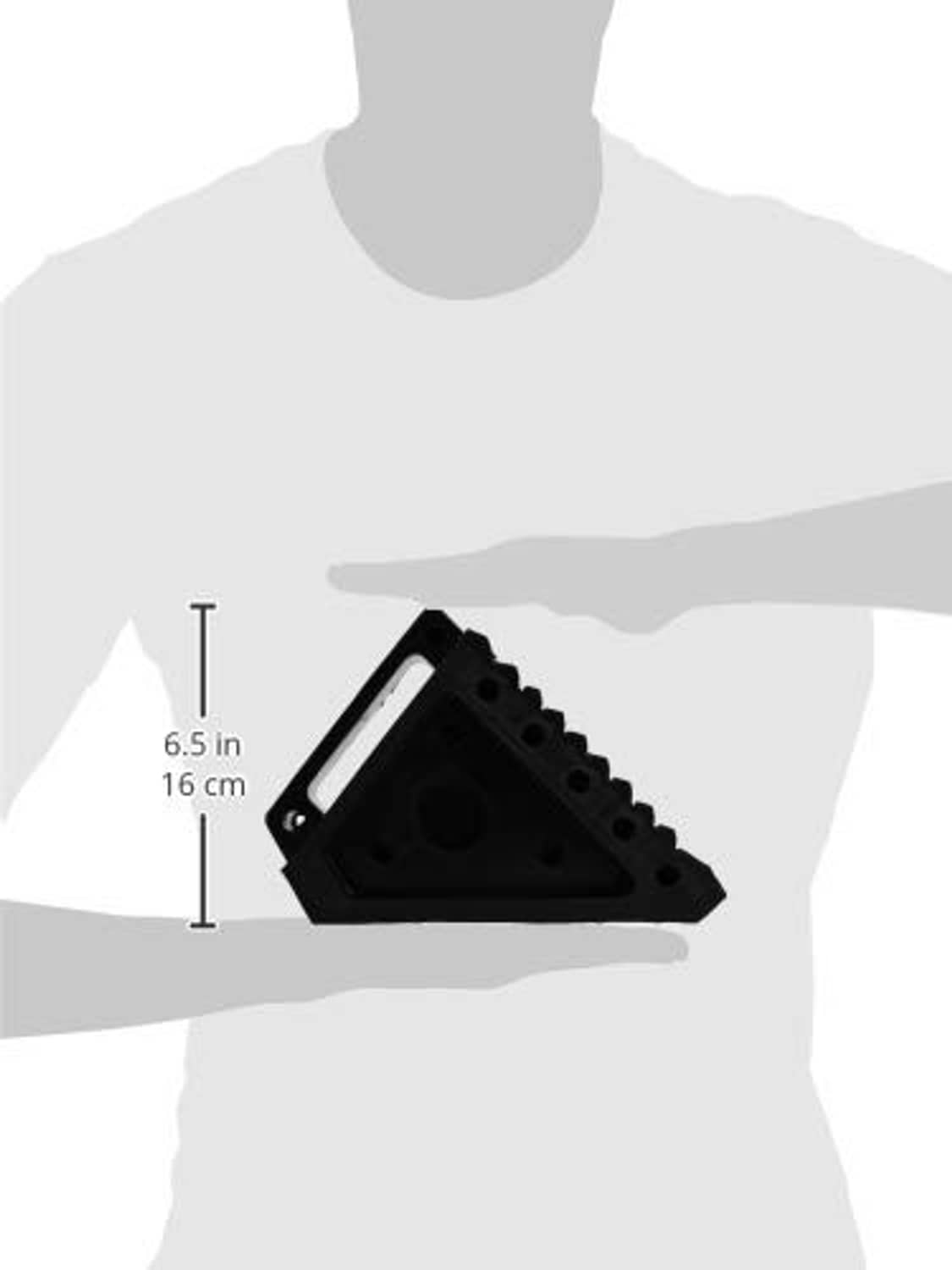 Black rubber wheel chock size shown in scale: 6.5 in height (16 cm)