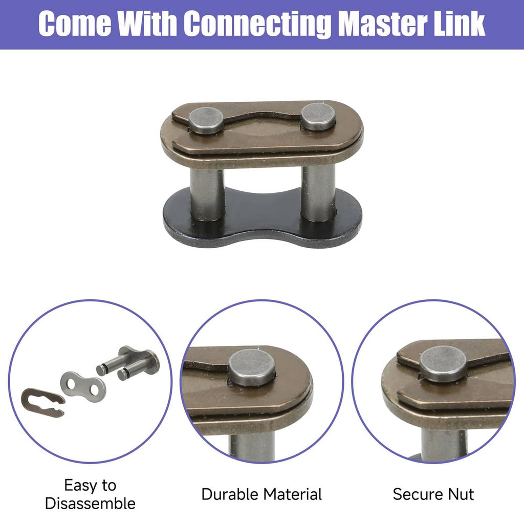 Metal connecting master link for 420 chain with two pins and secure nut
