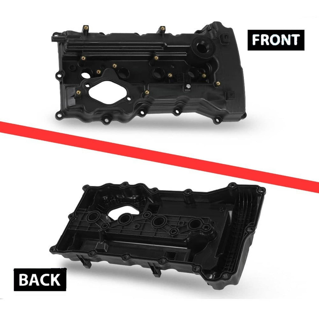 Engine valve cover set showing front and back views of black housing