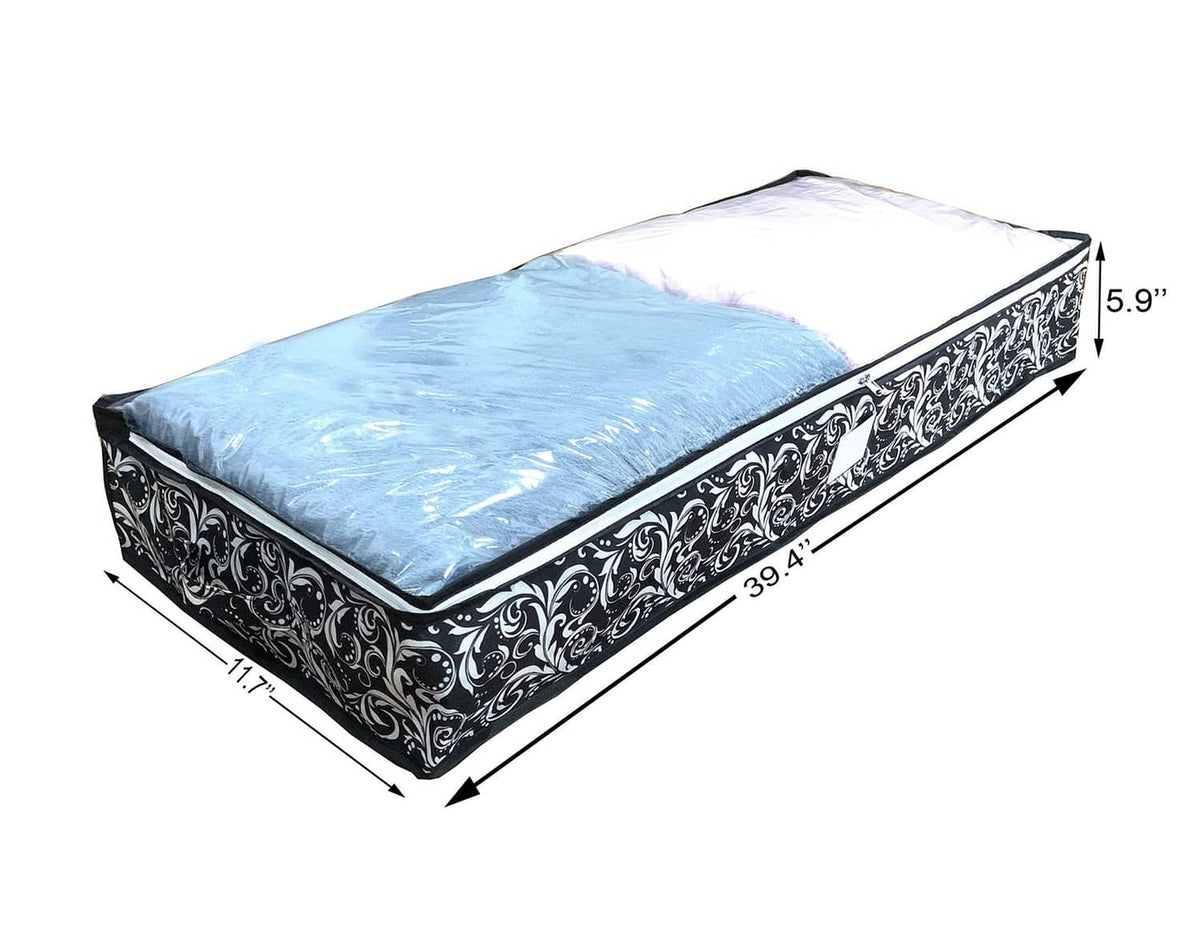Under-bed storage bag organizer, black with white scroll pattern and blue top, size shown