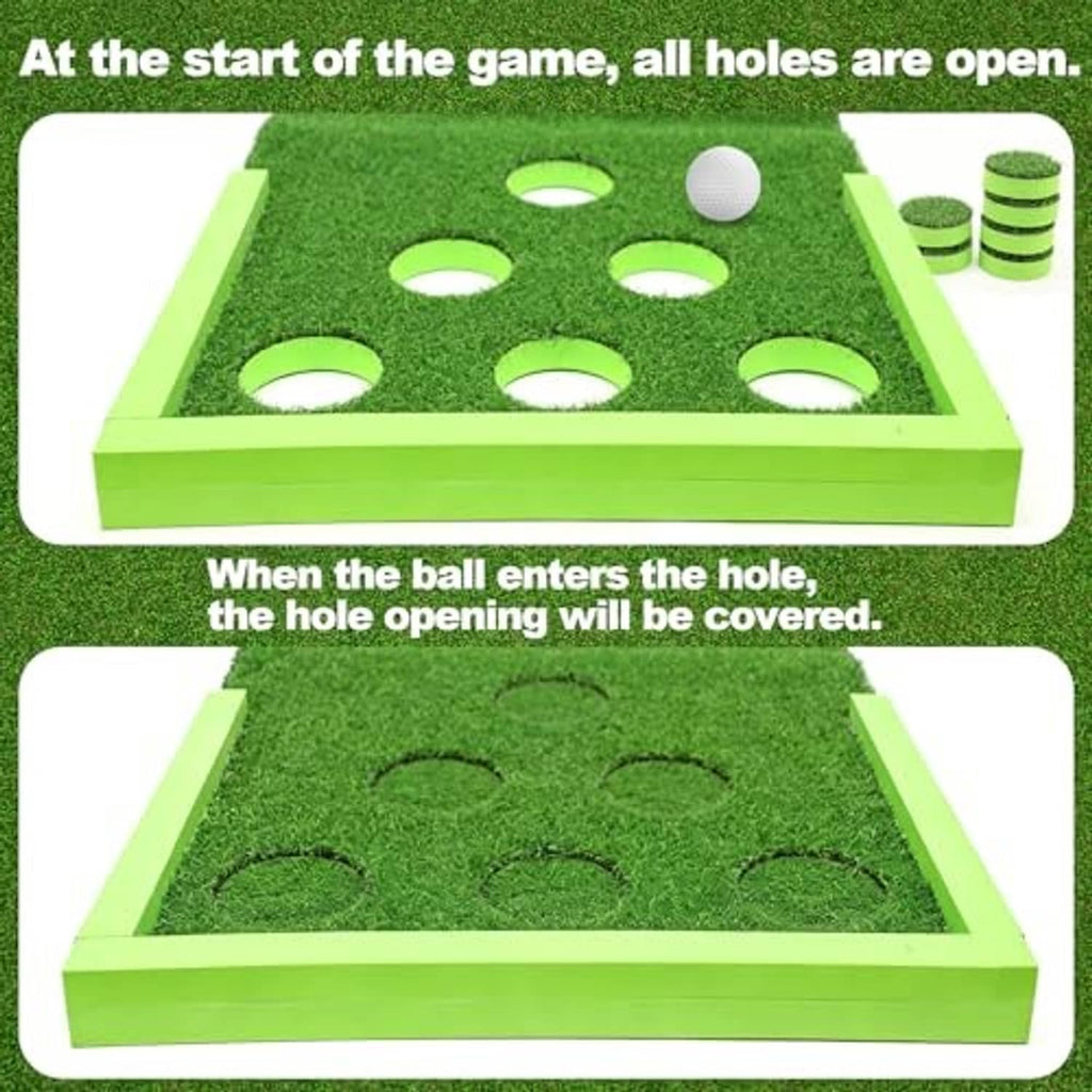 Portable green putting mat with open ball holes and hinged hole covers