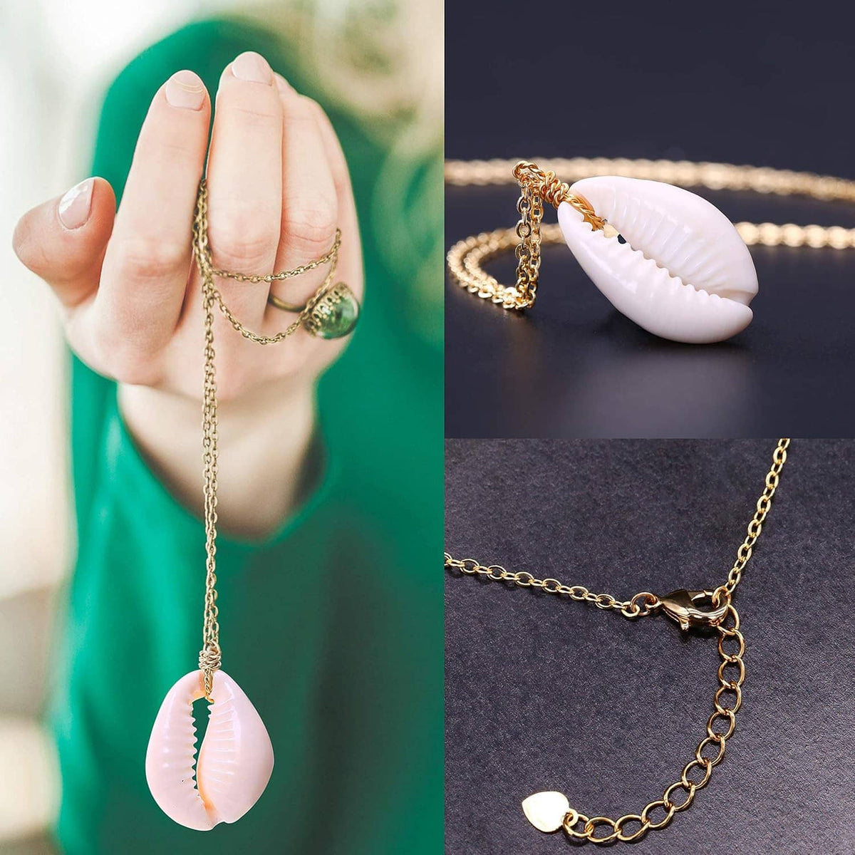 Gold-tone chain choker with pink shell pendant, shown held in hand
