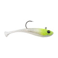 Soft plastic fishing bait with light green head, pale body, and black hook