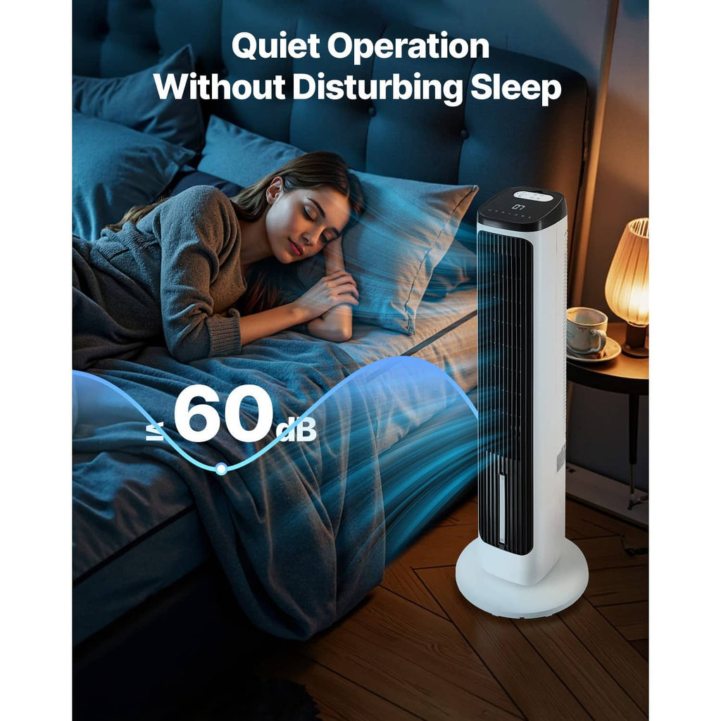White tower fan with tall black air intake grille and round floor base