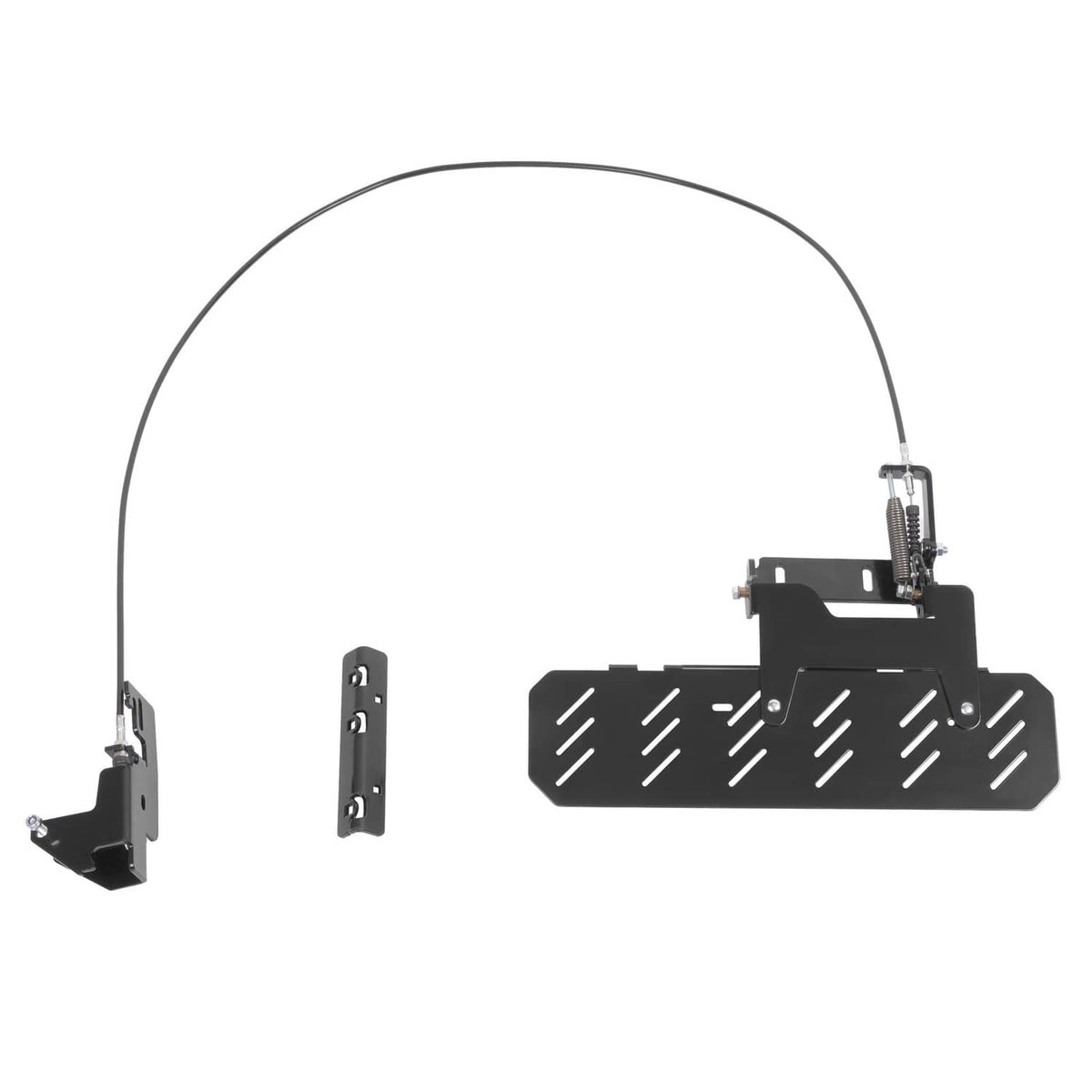 Mower chute blocker kit with black shield, left mounting bracket, and curved cable
