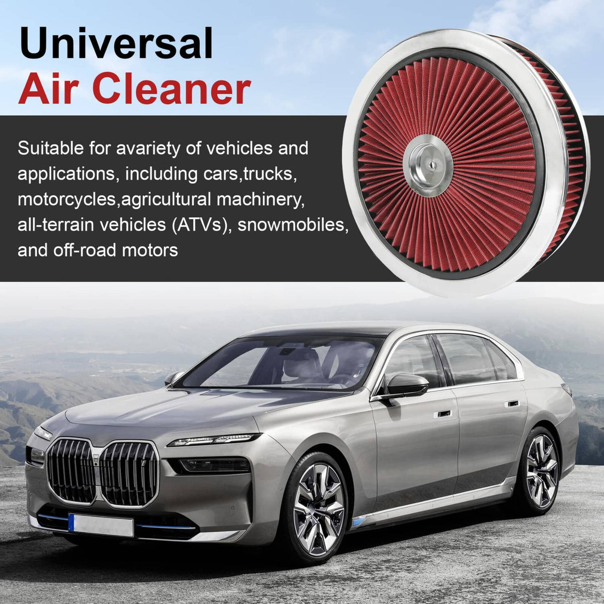 Universal round red air cleaner filter with chrome rim and center mounting cap.