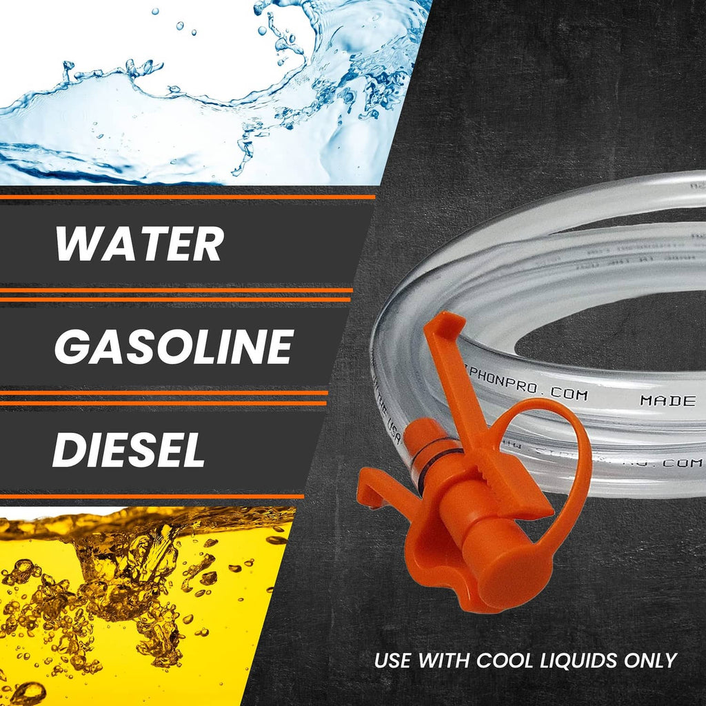 Orange hose retainer clip with clear siphon tubing and small pump components