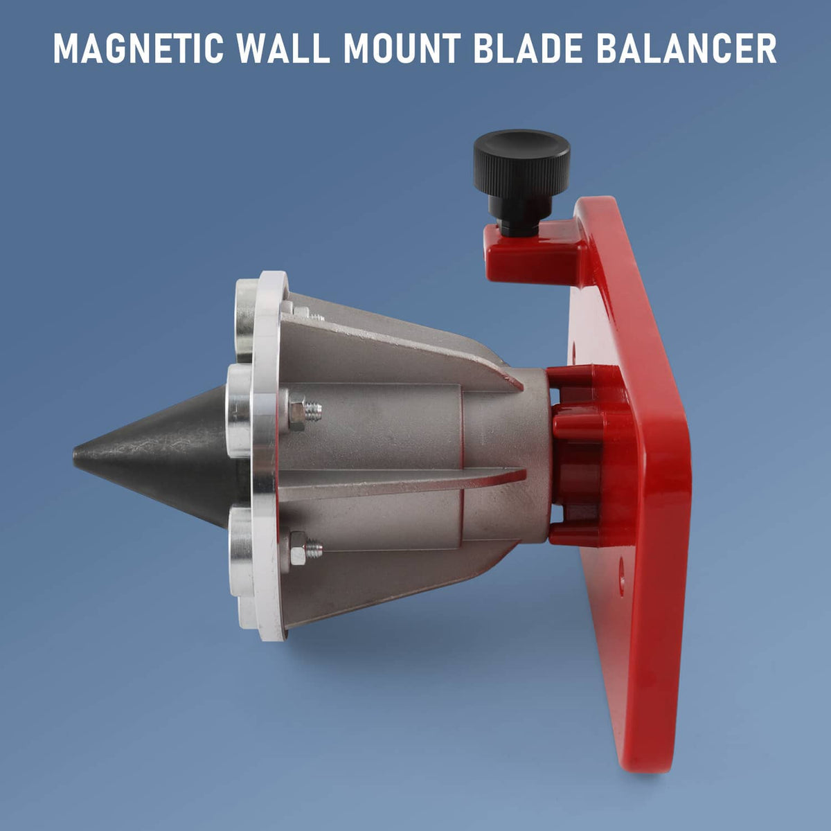Magnetic lawn mower blade balancer showing steel spindle, red mounting bracket, and knob