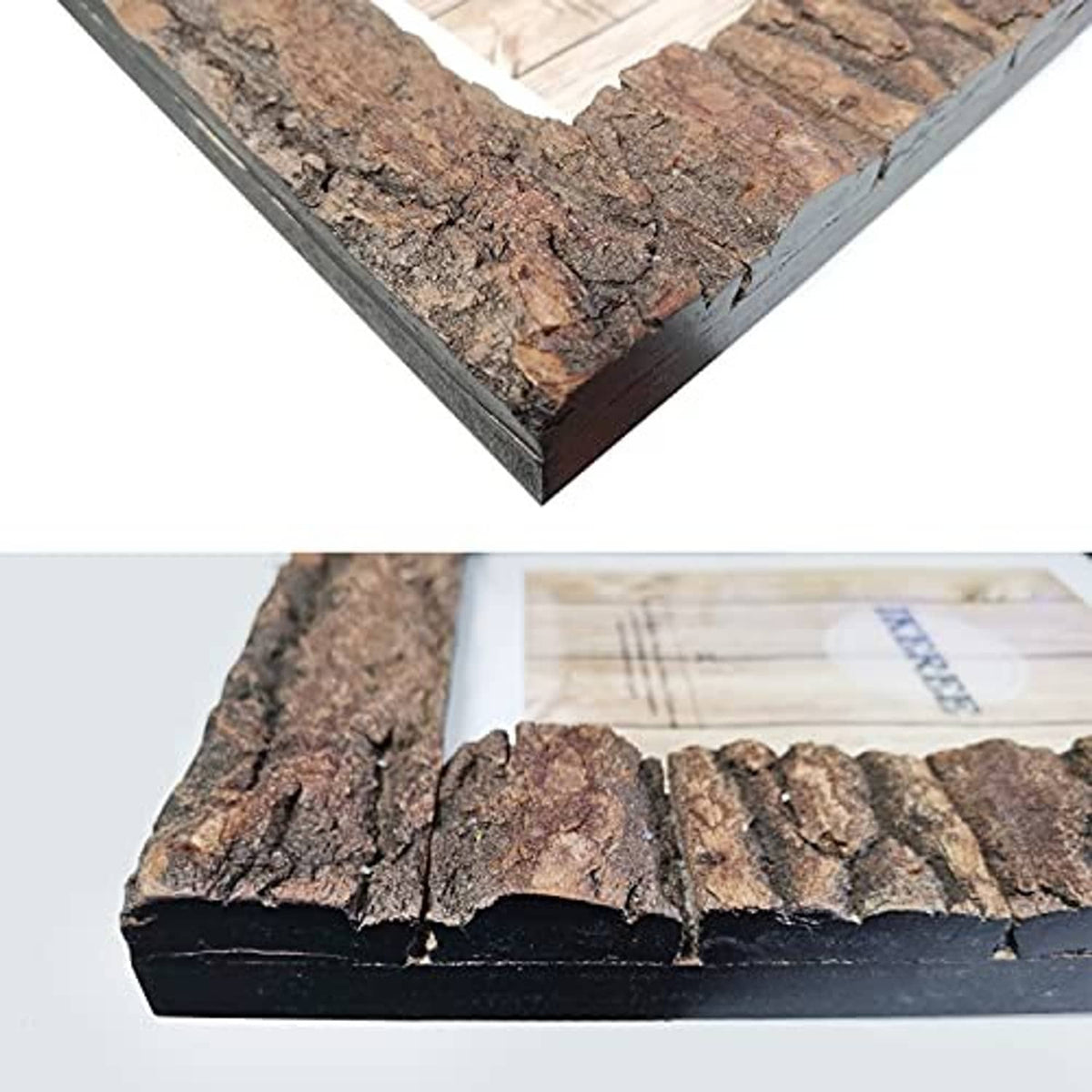 Rustic bark wood frame corner showing layered bark texture and dark backing