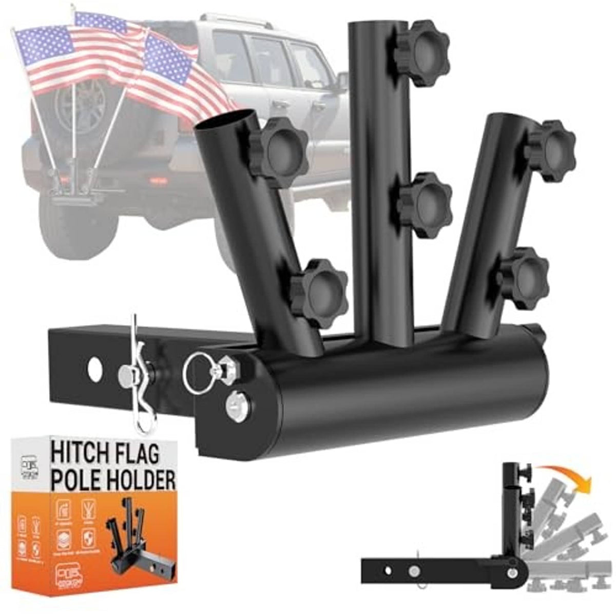 Triple hitch flag pole holder with three pole sockets on black receiver base