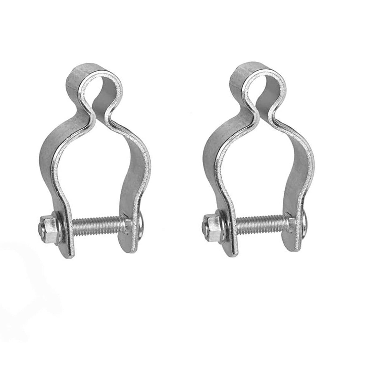 Galvanized chain link gate hinge clips with threaded screws, 2-pack.