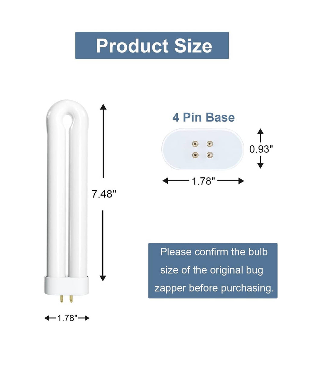 Replacement bug zapper bulb size diagram with 4-pin base and overall dimensions
