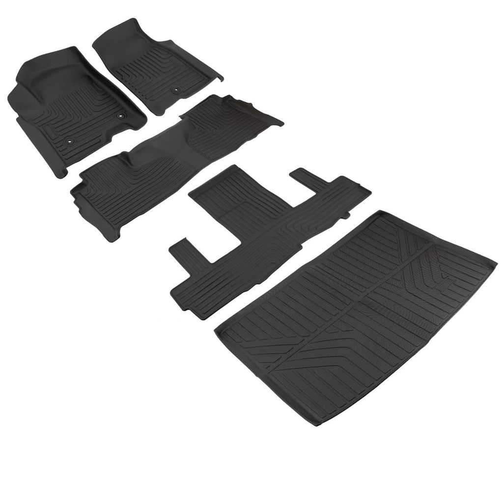 Black molded 2nd-row floor mat liners set with interlocking channels and raised edges