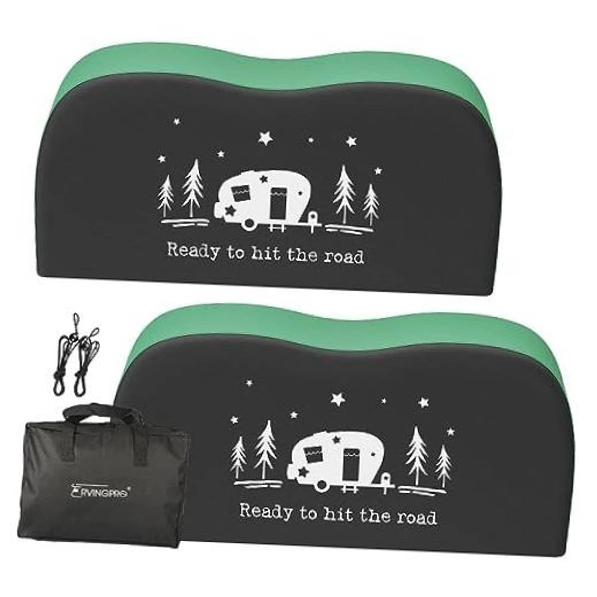 Black and green dual-axle RV tire cover with camper/star graphic; includes storage bag