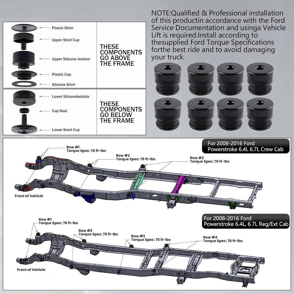Body mount bushing kit illustration showing shims, steel cups, and silicone isolators.