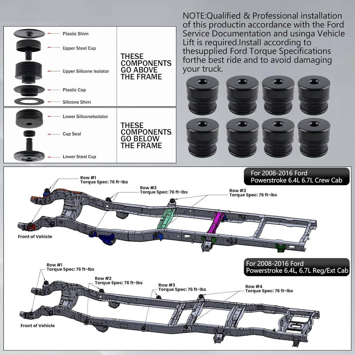 Body mount bushing kit illustration showing shims, steel cups, and silicone isolators.