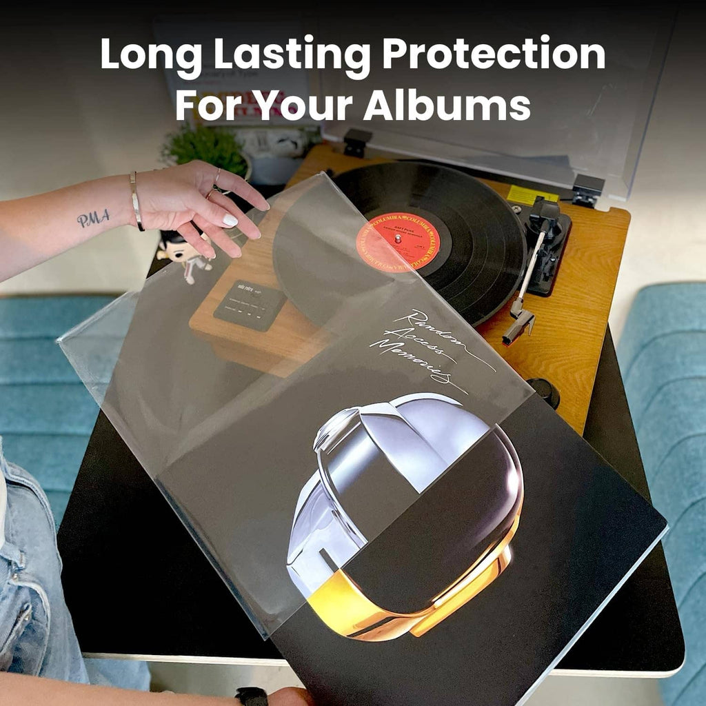 Clear outer vinyl record sleeves with a stack of protected albums inside.