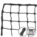 Black backstop sports net with square mesh, rope border, tie cord, and key rings