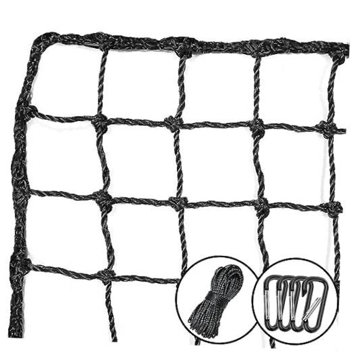 Black backstop sports net with square mesh, rope border, tie cord, and key rings