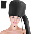 Black hair dryer bonnet hood with adjustable chin strap and extended hose collar