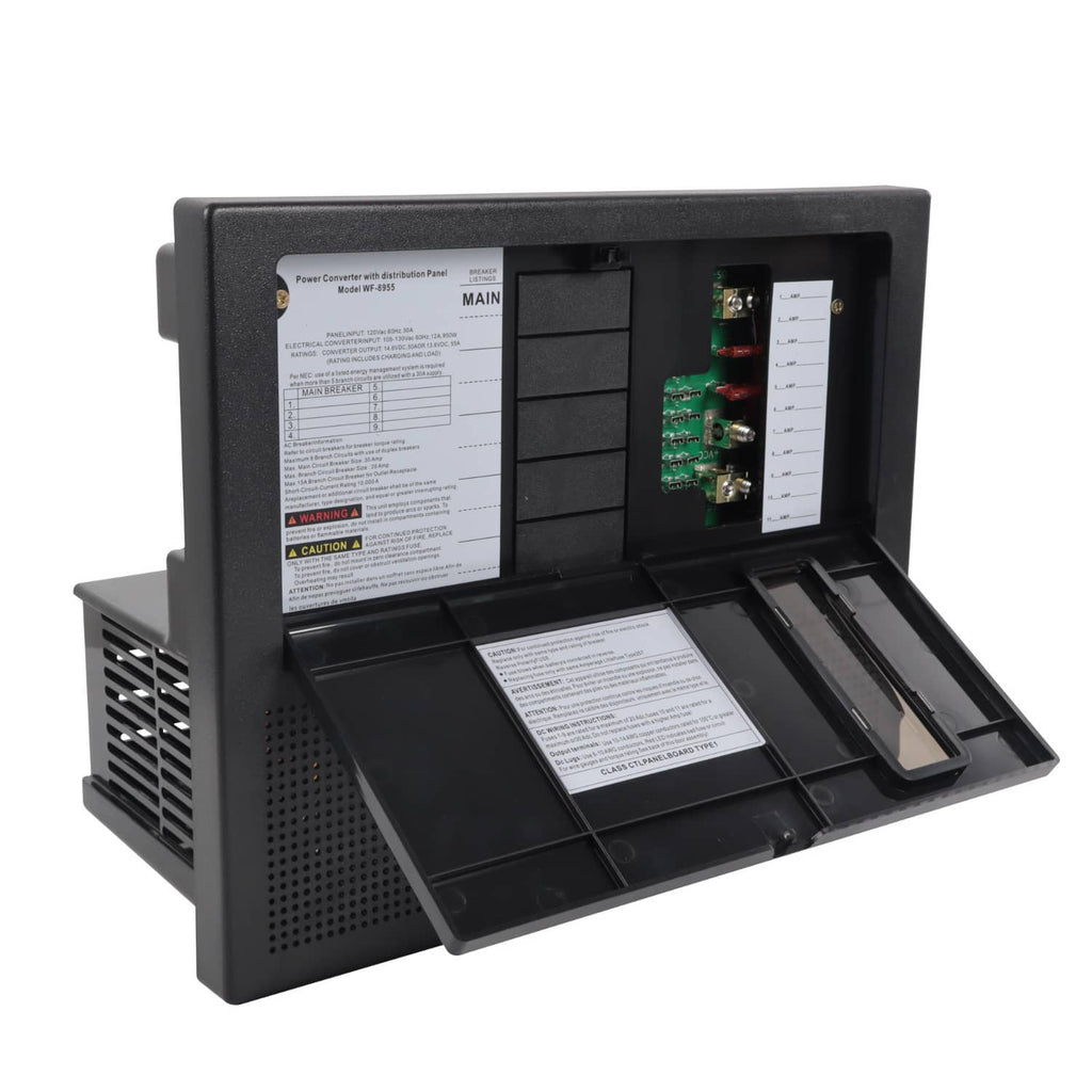 RV power converter battery charger with open front panel and circuit board inside