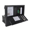 RV power converter battery charger with open front panel and circuit board inside