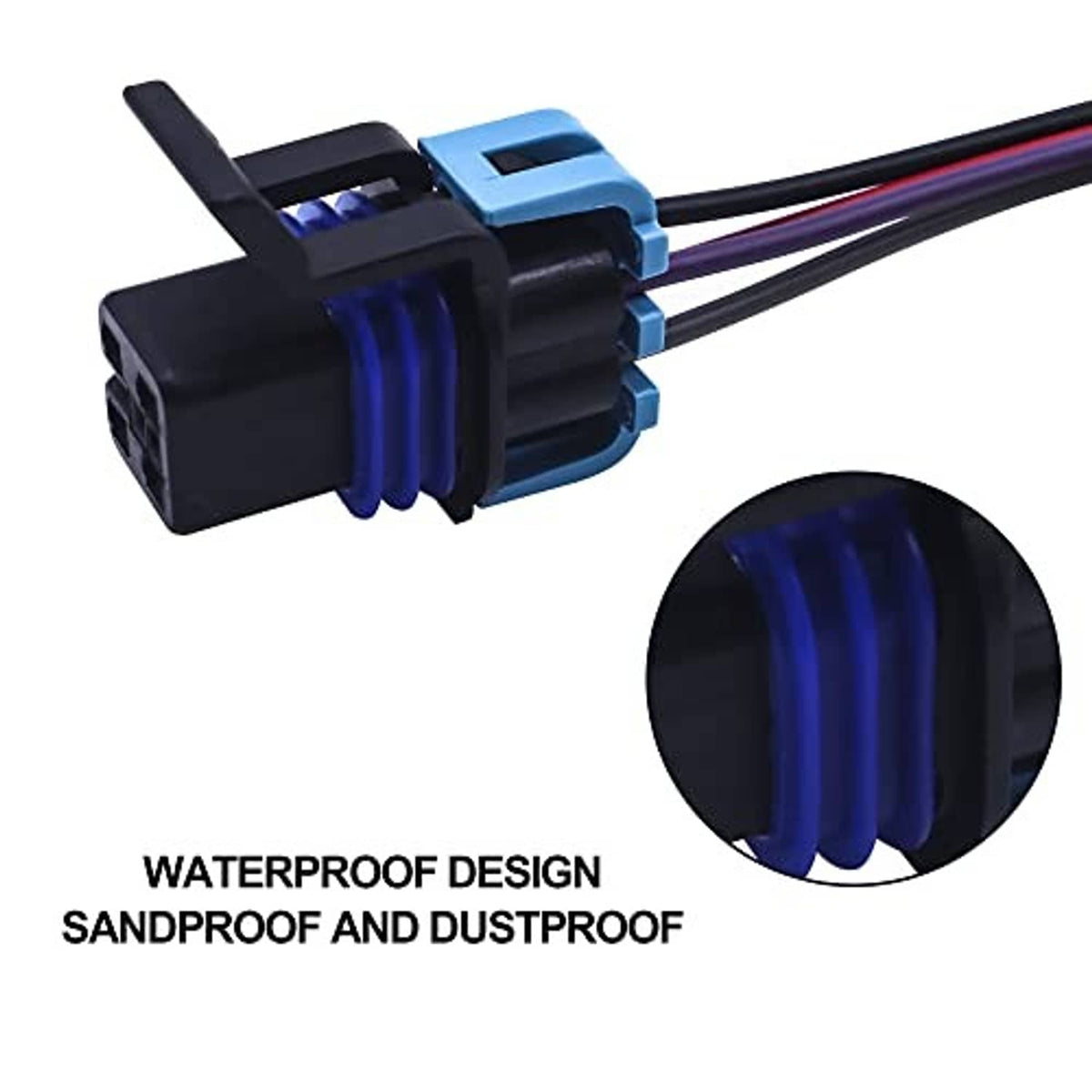 4-way electrical pigtail connector with blue-and-black housing and multicolor insulated leads