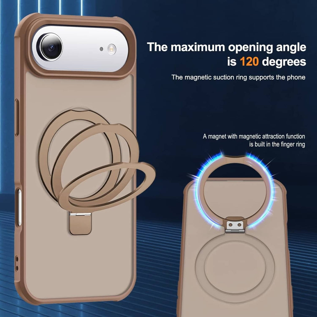 Desert brown phone case with ring kickstand showing magnet alignment and camera cutout