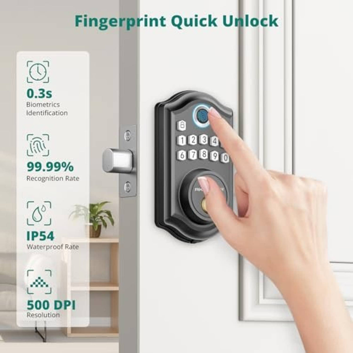 Matte black keypad door lock with fingerprint reader being touched by a hand