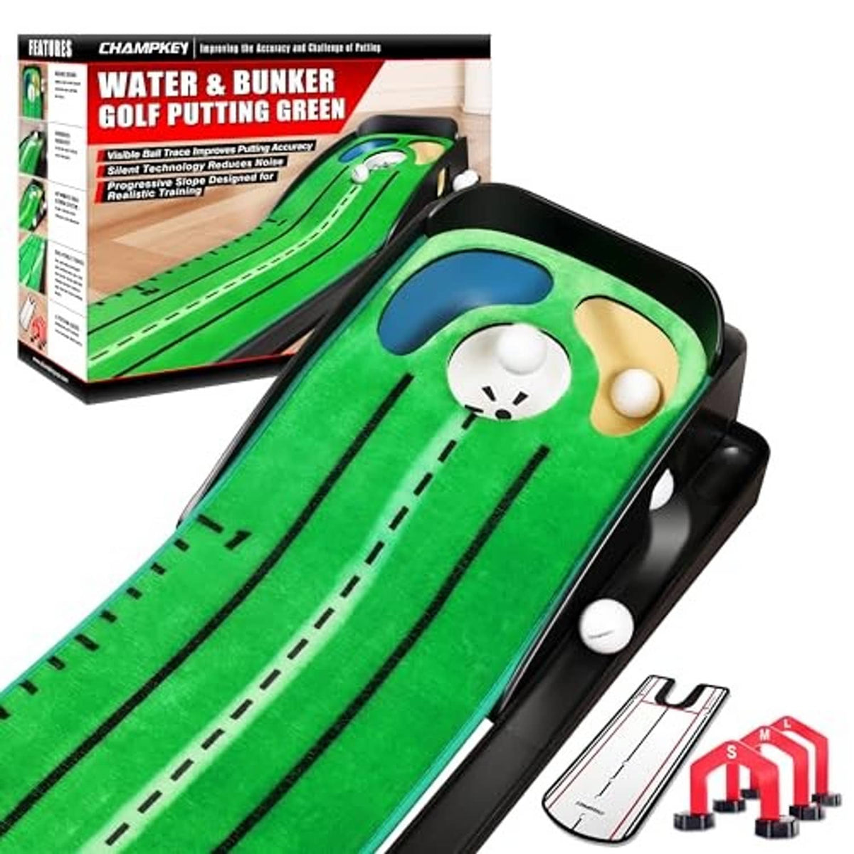 Green putting practice mat with black frame, circular targets, and included training accessories