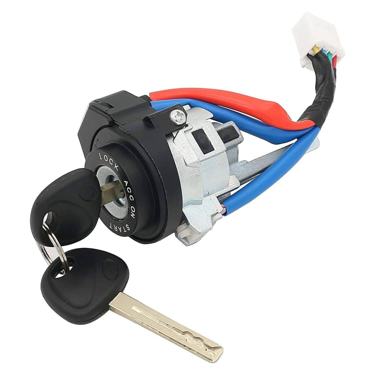 Ignition switch lock cylinder assembly with two keys and blue red wire leads
