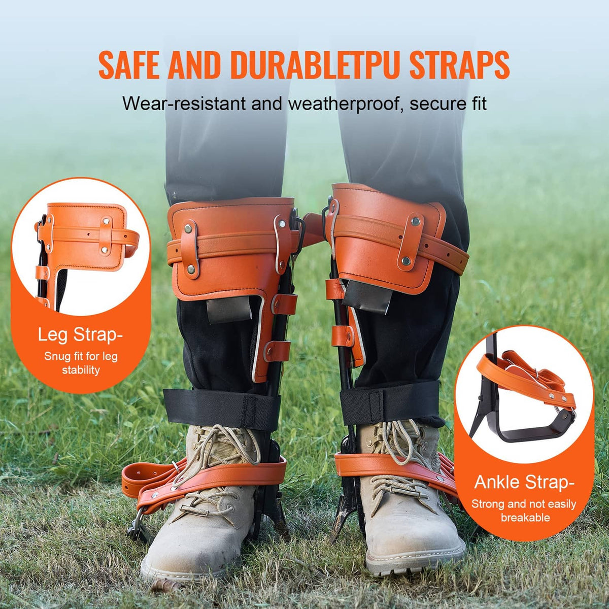 Pair of orange-and-black climber gaffs with ankle and leg PU strap system