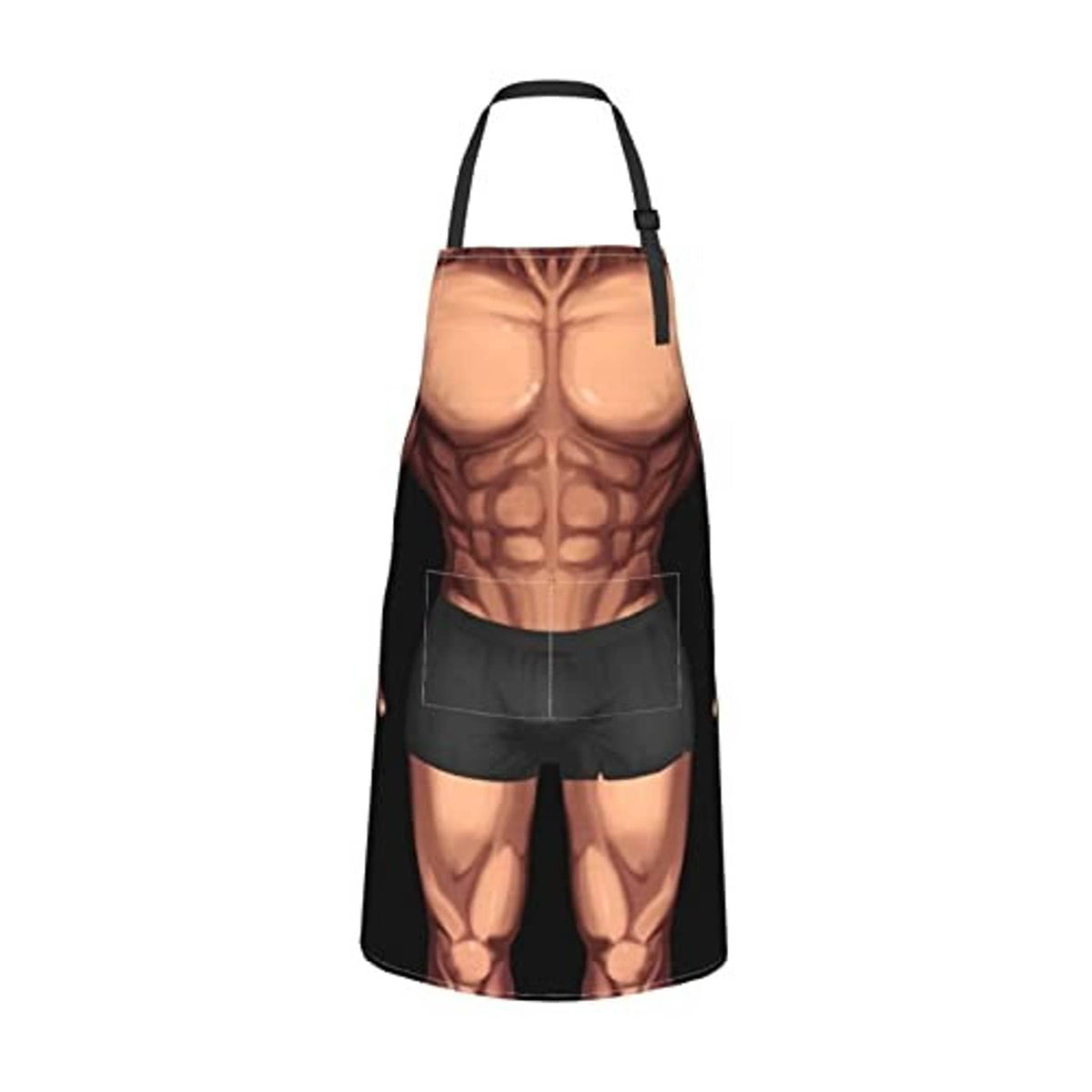 Black apron with muscular print and two front pocket openings