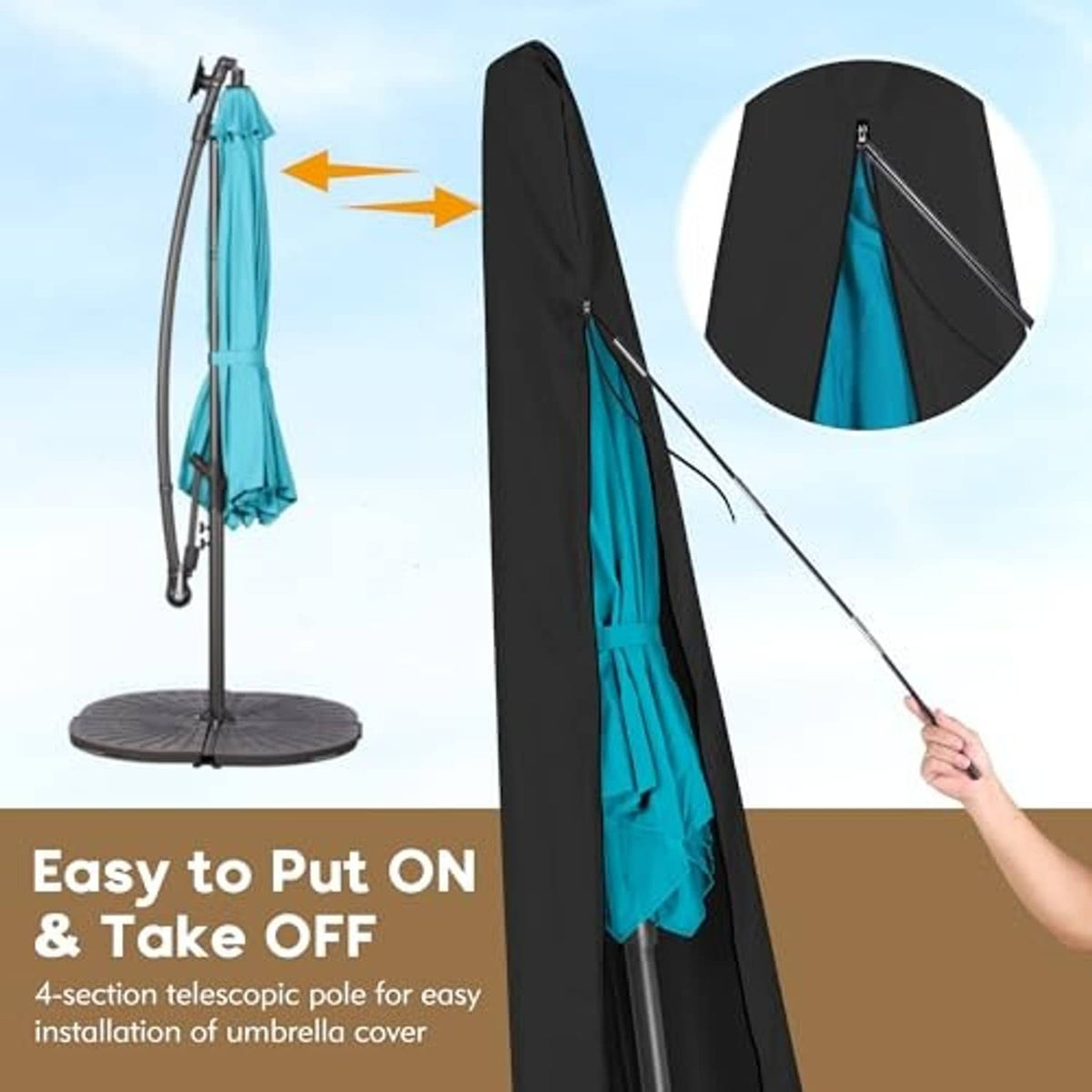 Black umbrella cover with teal interior fabric panel and front zipper pull