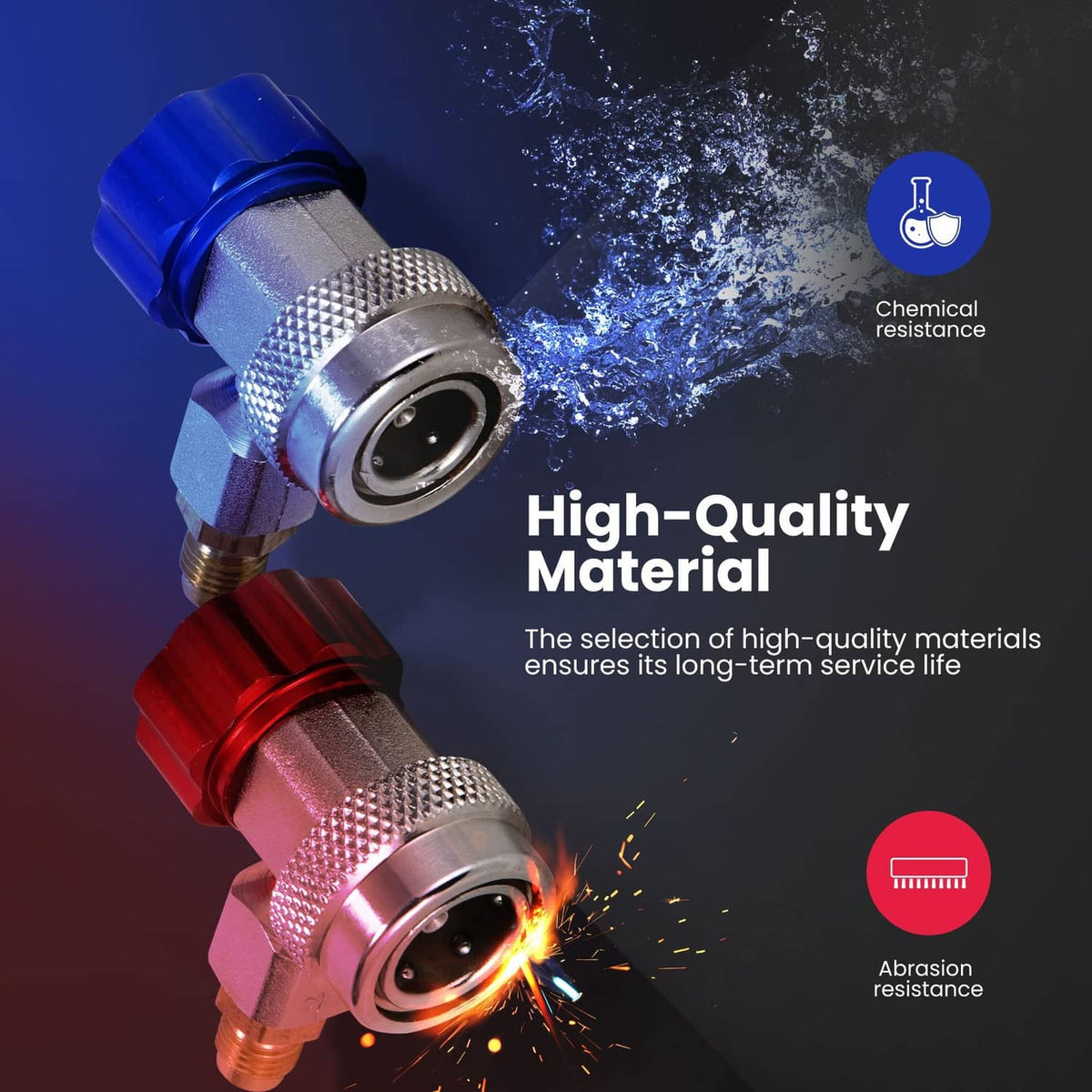 Refrigerant quick coupler adapters with blue and red caps on textured metal body