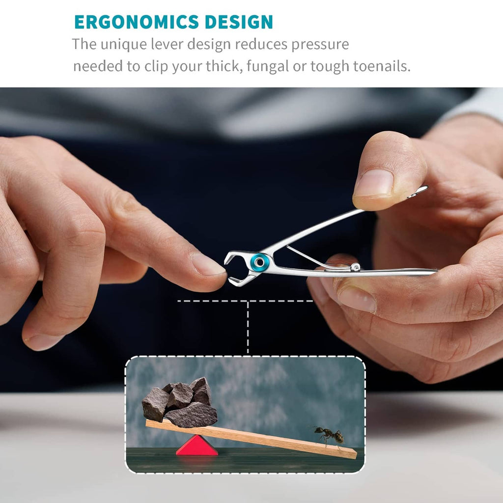 Silver ergonomic wide-jaw nail clipper with turquoise pivot, held in hands