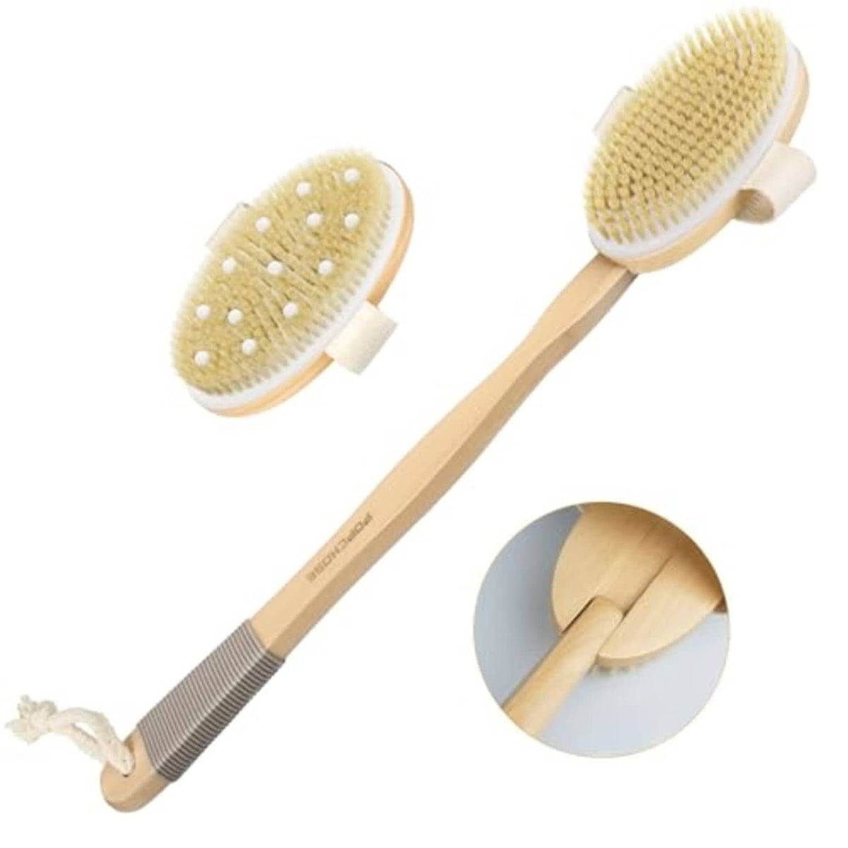 Dual-head body brush with long handle and oval scrubbing pads, light tan bristles