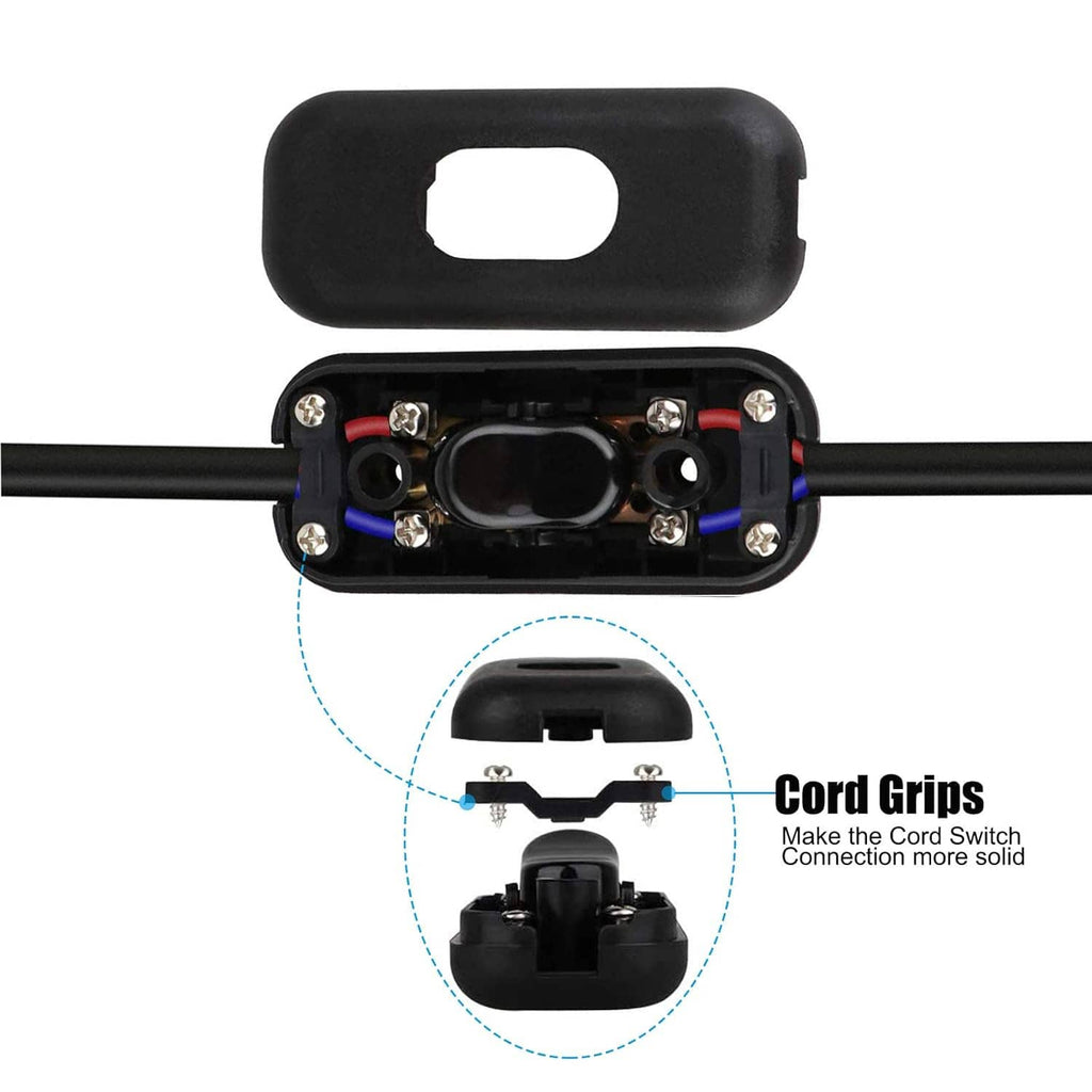 Opened inline cord switch with cord grips and visible wiring terminals