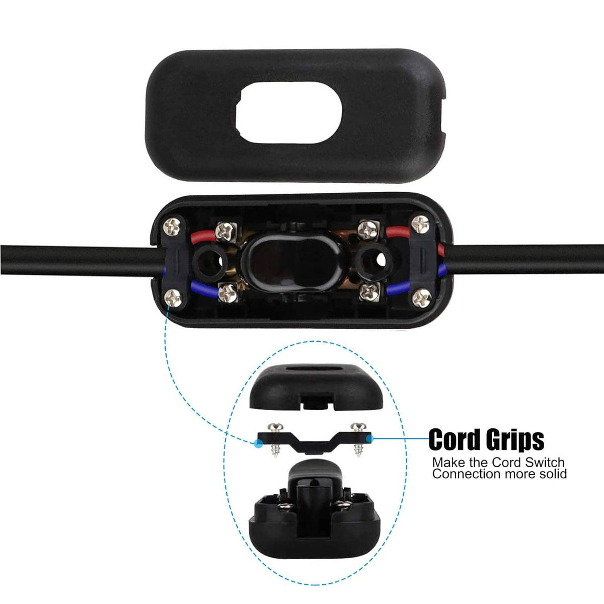 Opened inline cord switch with cord grips and visible wiring terminals