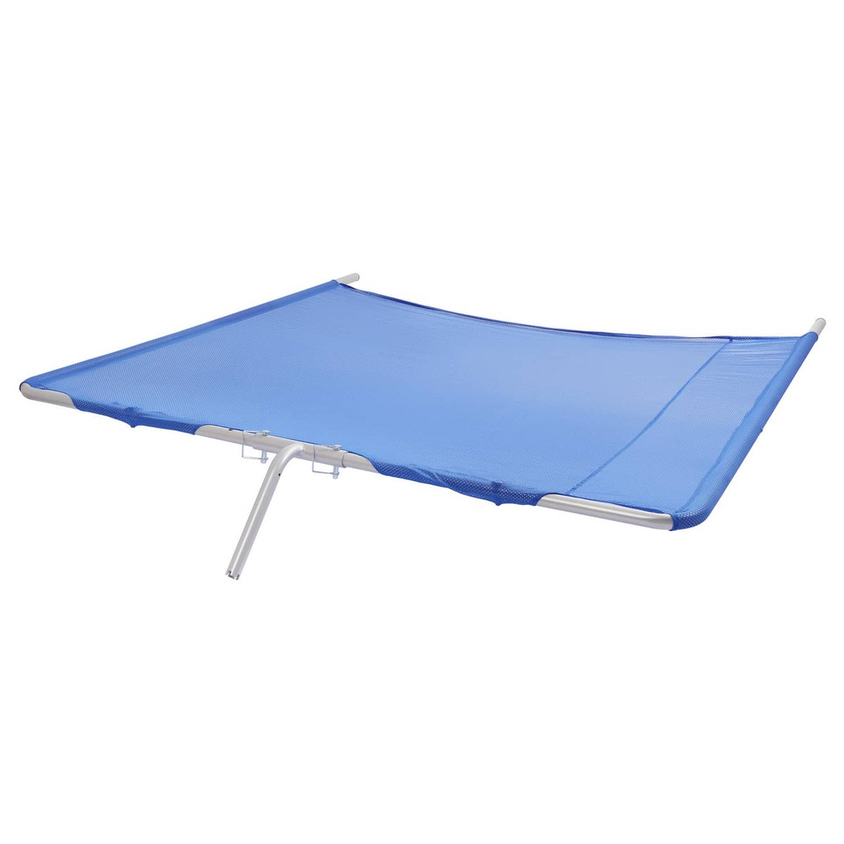 Blue mesh boat sun shade on silver frame, angled side view
