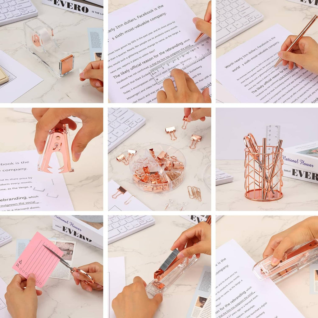 Rose gold stapler accessory set with transparent design used on office papers