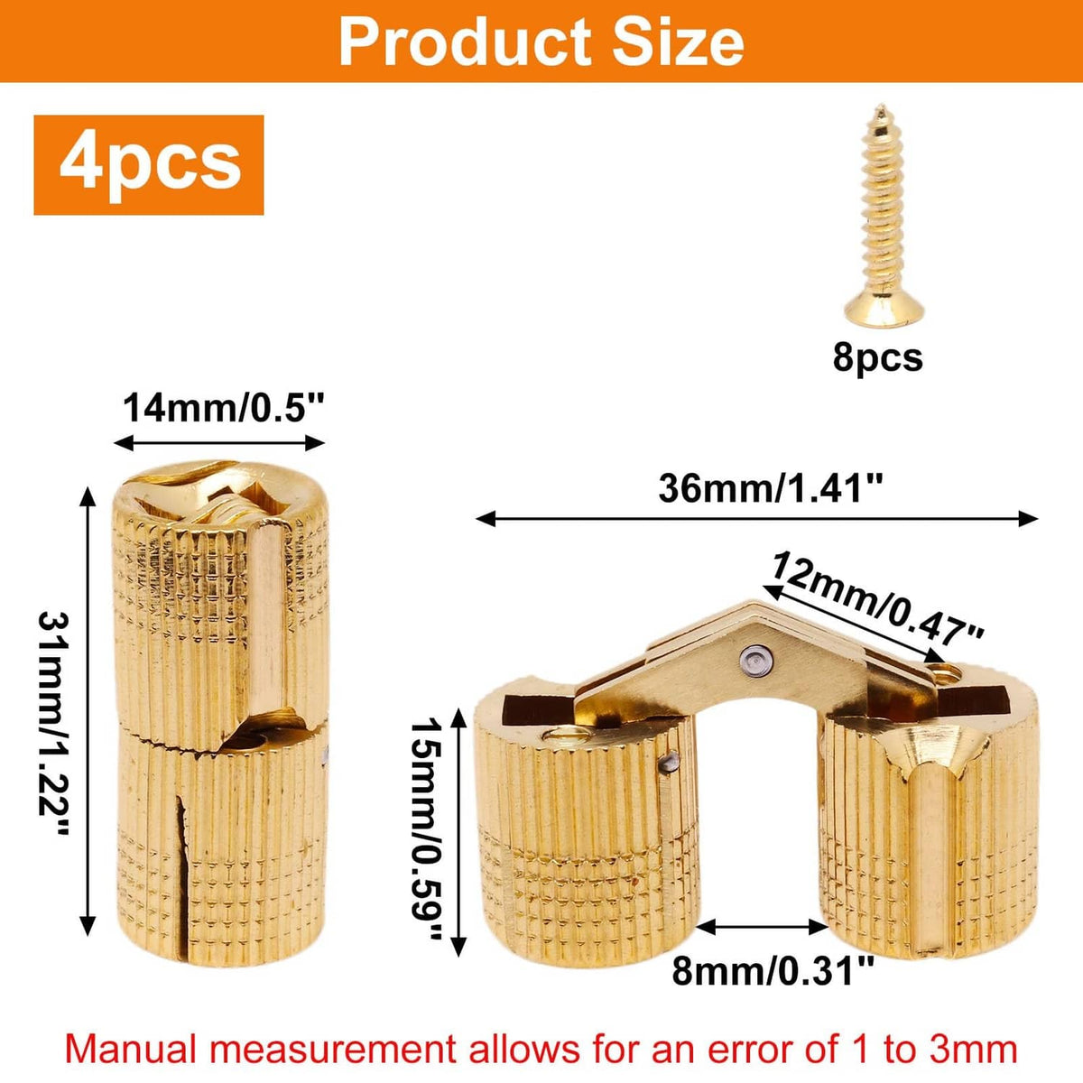 Brass-finish concealed barrel hinges set with screws, 14mm, 4 pieces