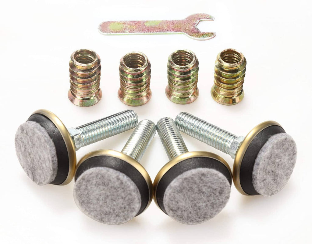Close-up of adjustable levelers: gold bases, gray felt pads, threaded posts, and wrench