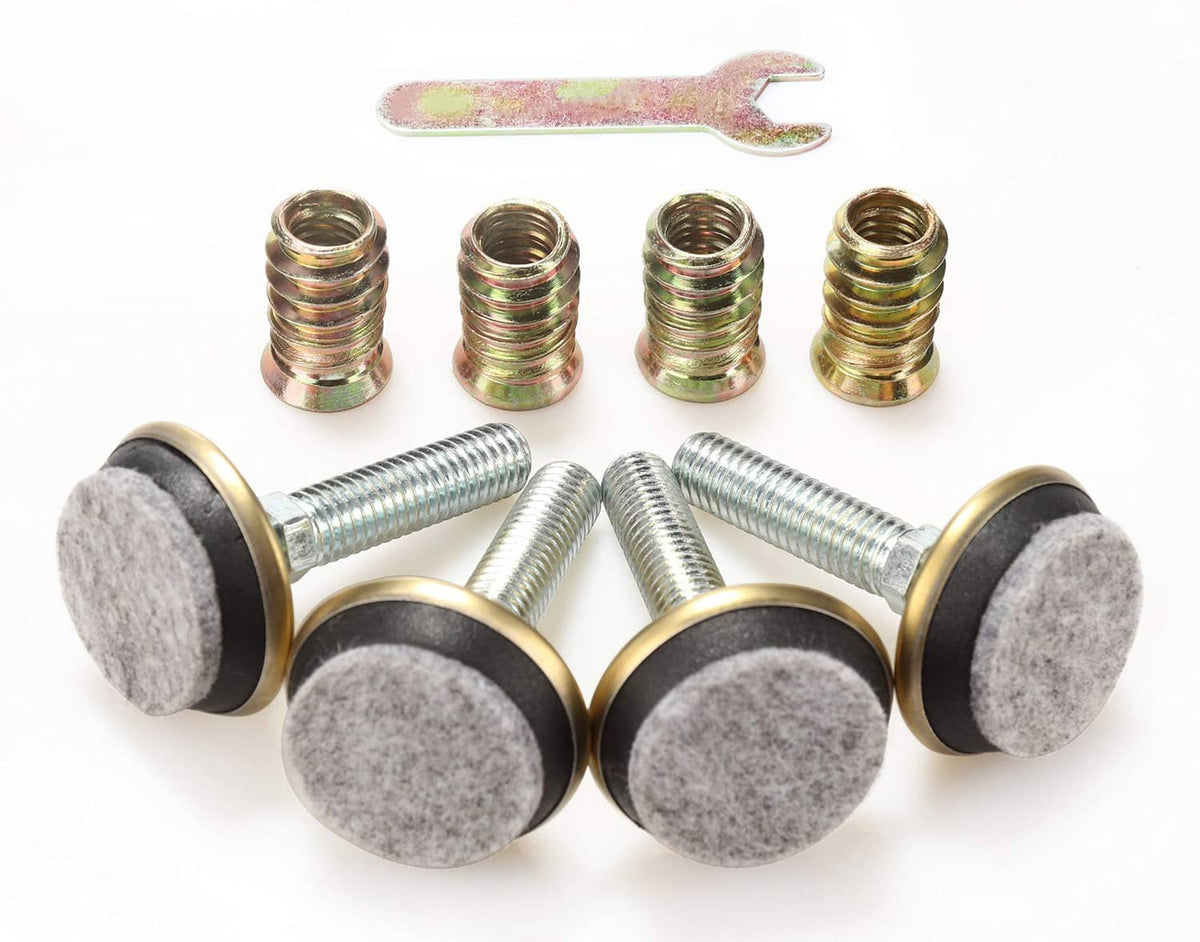 Close-up of adjustable levelers: gold bases, gray felt pads, threaded posts, and wrench