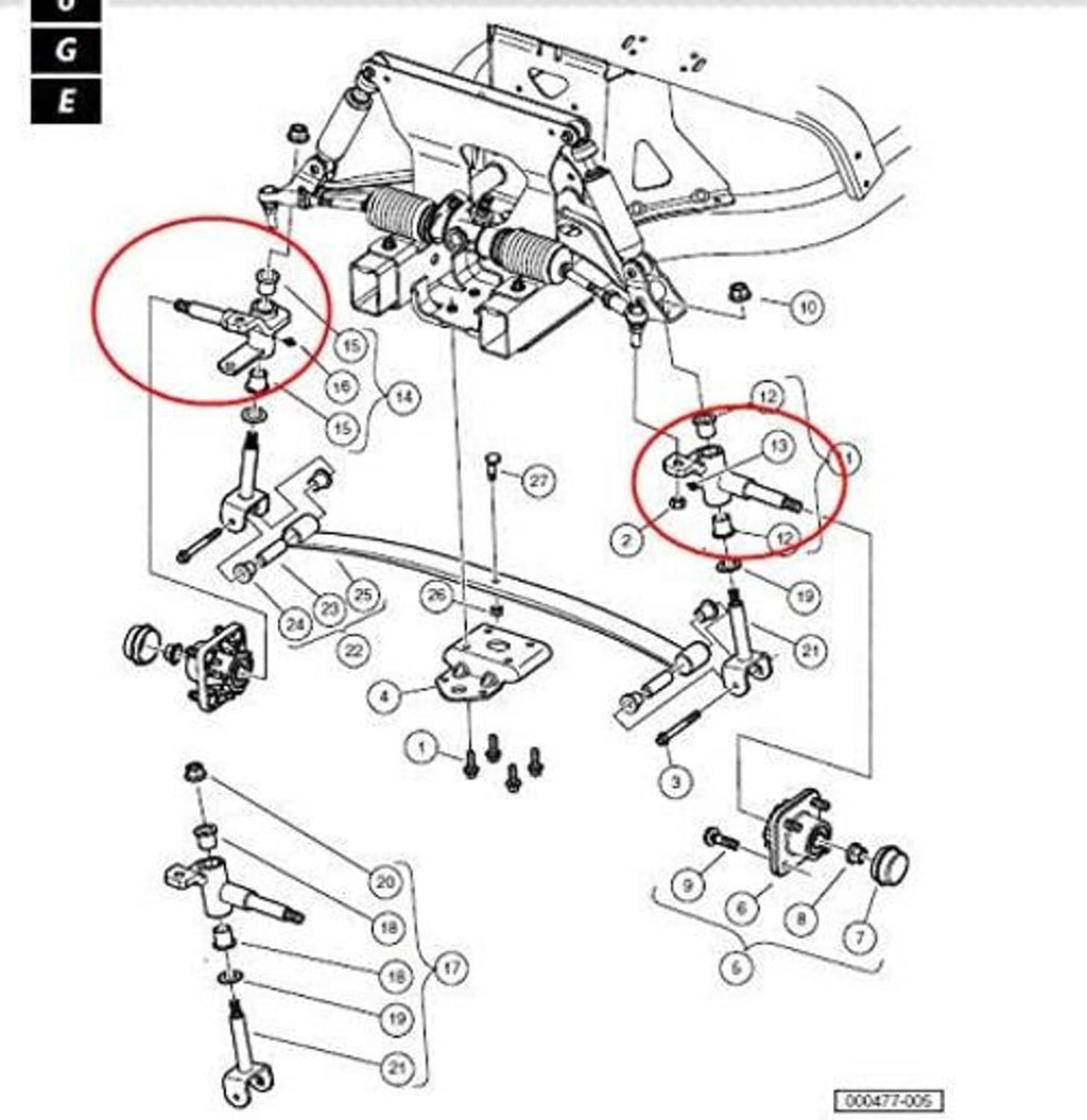 Golf cart front hand spindle assembly diagram with hardware and numbered parts
