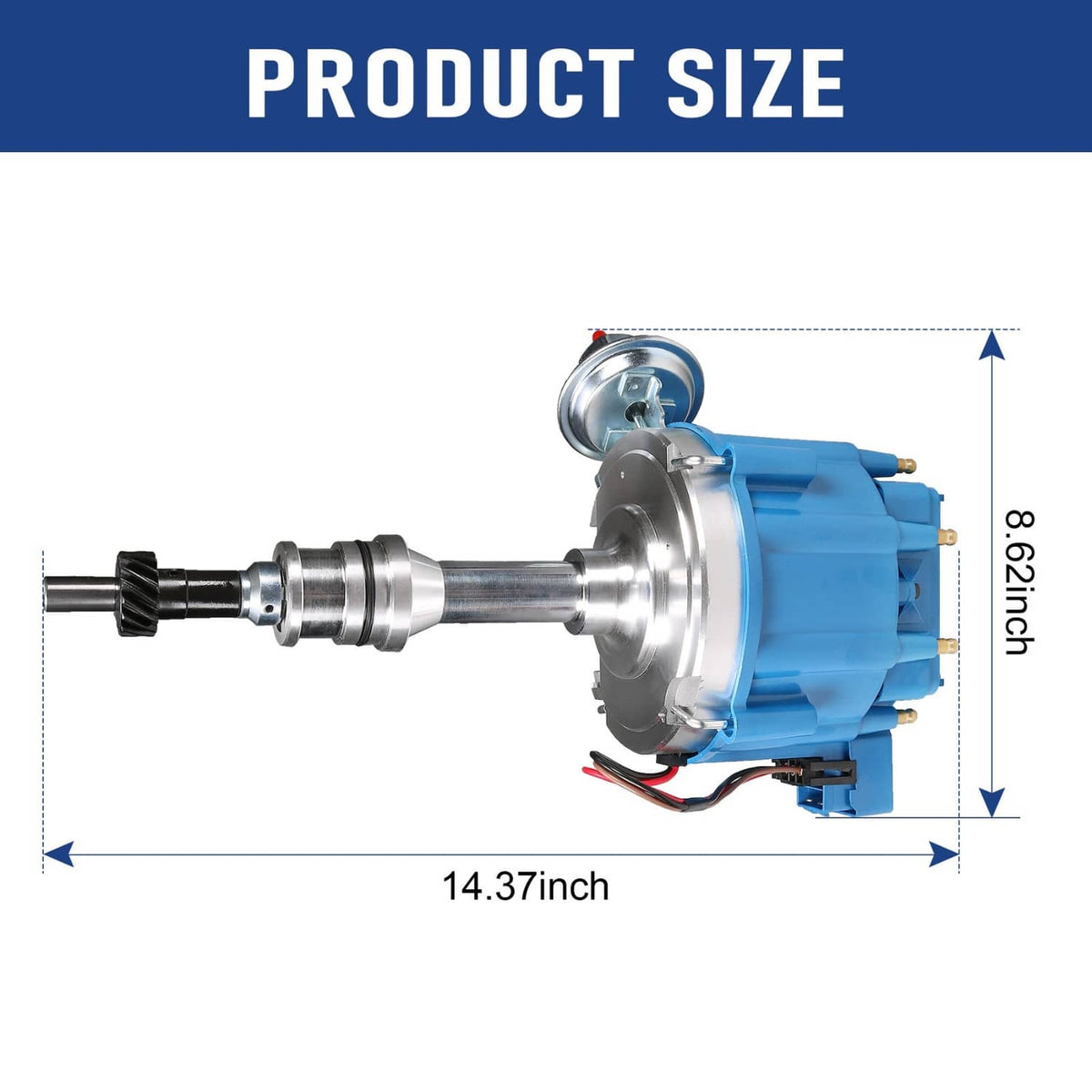 Blue HEI ignition distributor module with metal shaft, side profile view