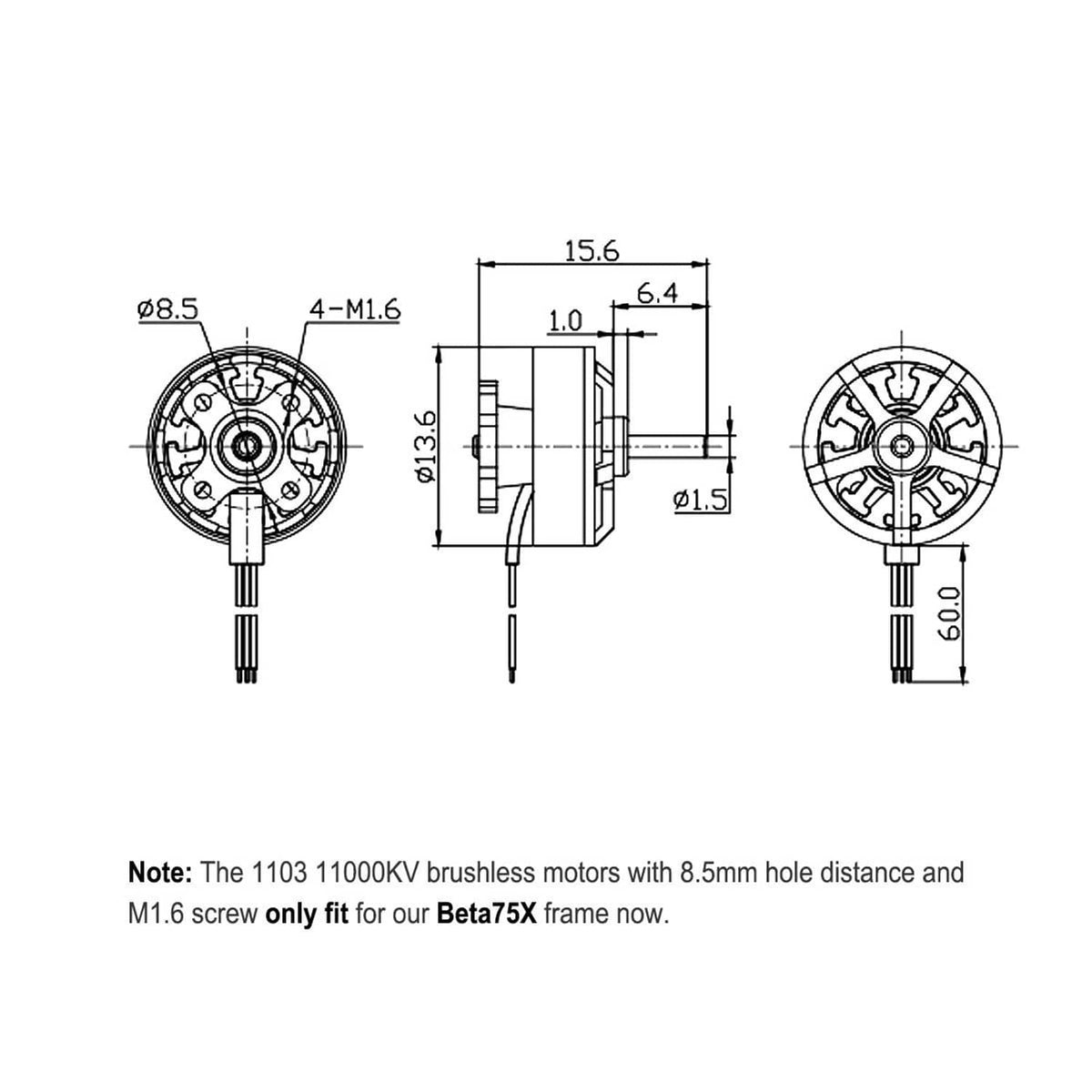 1103 brushless motor size diagram, front and side views with dimensions