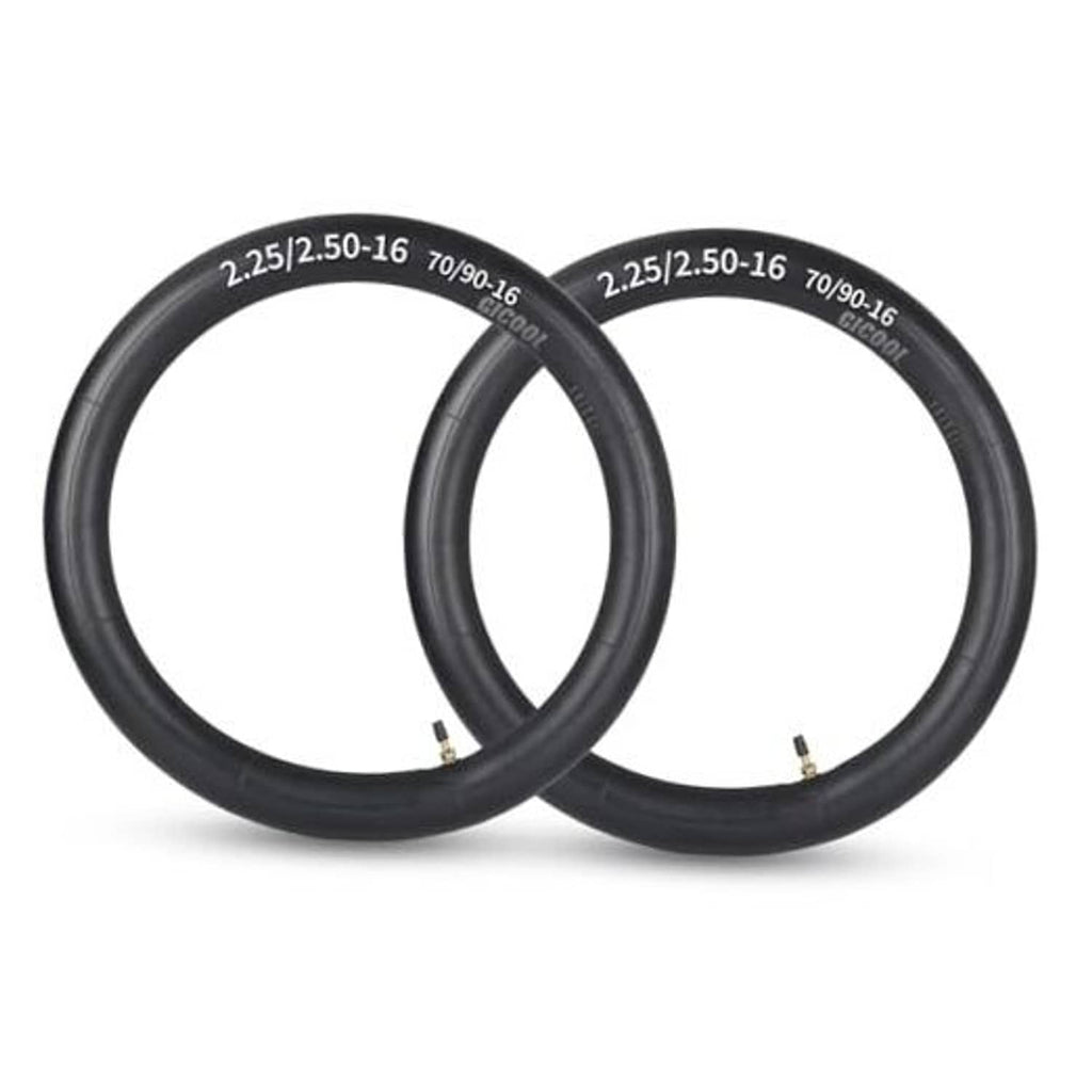 Pair of black dirt bike inner tubes with TR4 valve stems, 2.25/2.50-16 and 70/90-16
